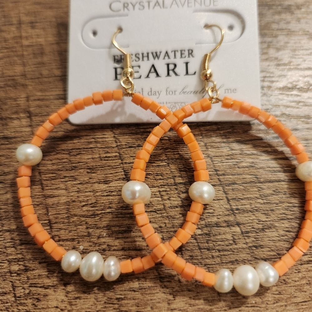 Orange and Pearl Hoop Earrings - Picture 4 of 5